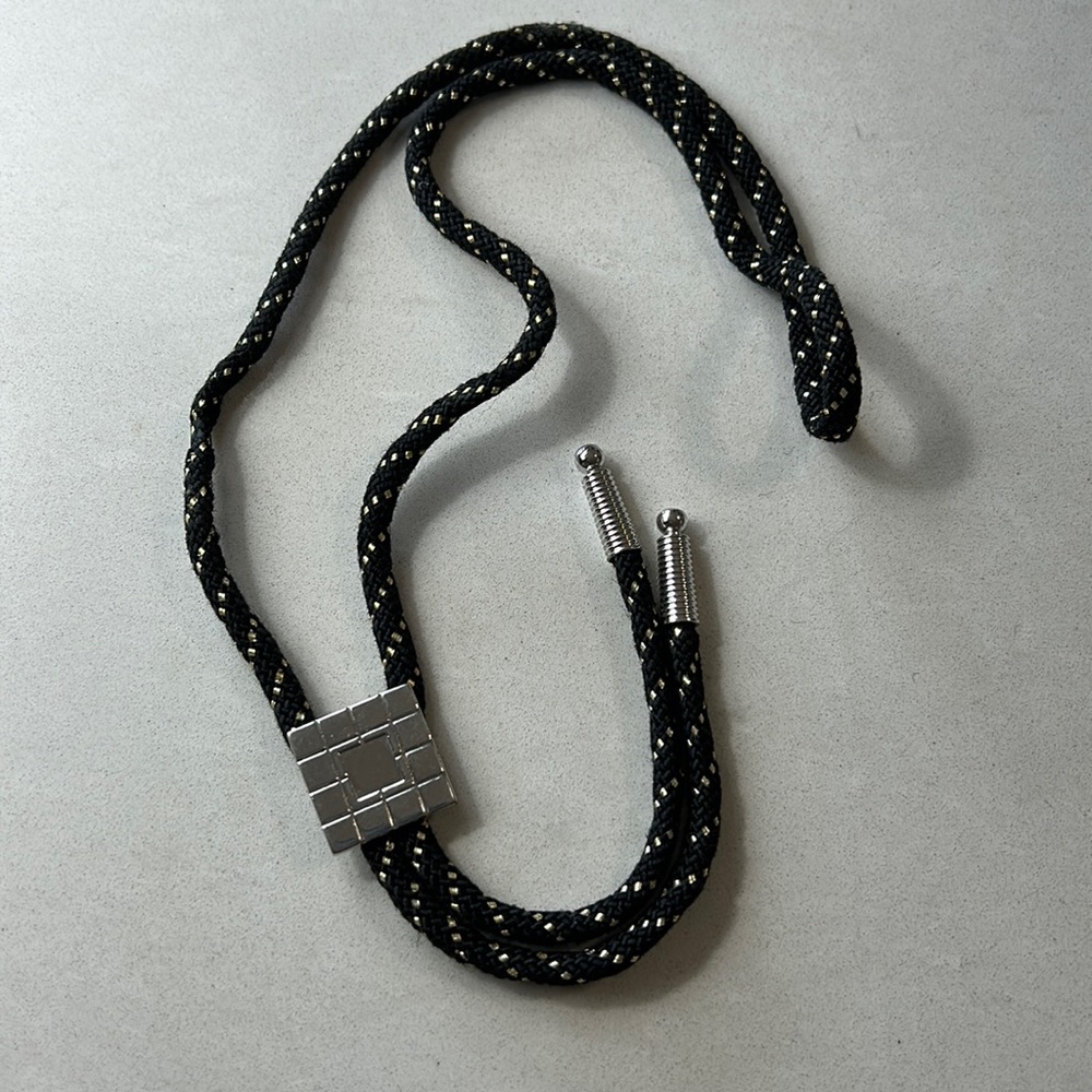 Vintage Hickok Bolo Tie Silver Tone Square Geometric w Matching Tips Black Cord